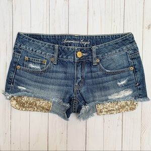 AEO Sequin Pocket Ripped Destroyed Jean Shorts